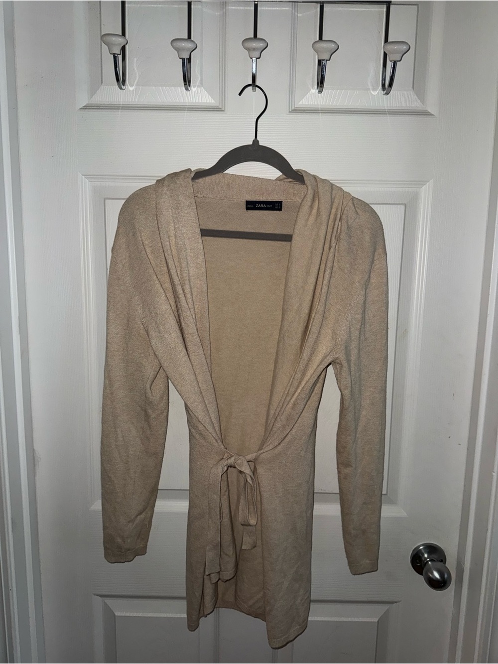 Zara Beige Tie-Front Hooded Cardigan